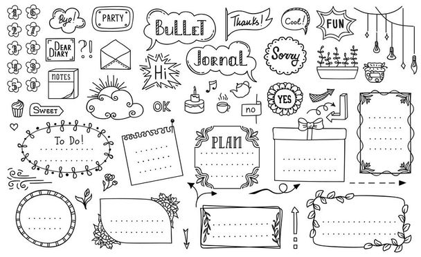Doodle bullet journal diary notebook hand drawn frames, vector calendar elements. Bullet journal banners, and calendar planner sketch line borders, school stickers or page list ribbons with arrows - Διάνυσμα, εικόνα