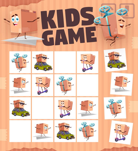 Sudoku game worksheet. Cartoon package box characters. Kindergarten children sudoku, vector puzzle game or preschool kids rebus page with funny delivery cardboard boxes, cute parcel personages - Vektori, kuva