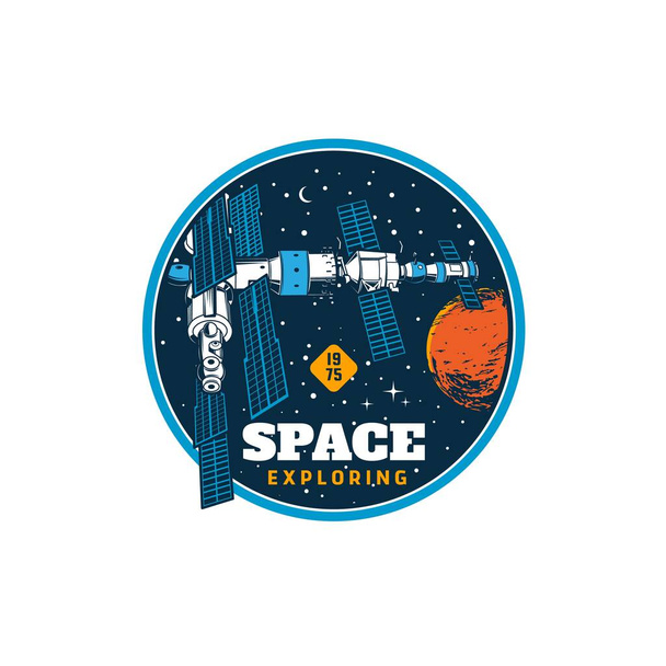 Orbital station icon. Space exploration vector icon or cosmos discovery vintage badge with orbital station in outerspace. Galaxy research program and aerospace technology round retro emblem - Vector, Imagen