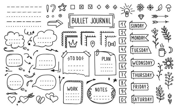Bullet journal, doodle diary elements or page stickers and vector memo note reminders. Bullet journal or calendar notebook message banners for school planner or to do list and agenda labels in doodle - Вектор,изображение