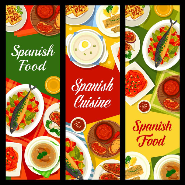 Spanish cuisine dishes vector banners. Escabeche, bean and chorizo sausage soup, Sopa de Ajo, Almogrote and potato mushroom omelette Tortilla, fried cod fish, stuffed eggplants and roasted peppers - Vector, Image
