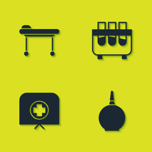 Set Stretcher, Enema, Nurse hat with cross and Test tube and flask icon. Vector. - Vektor, Bild
