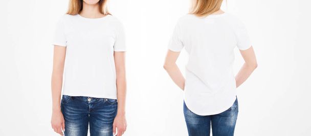 白い背景に美しい女性、 Tシャツの少女のフロントとバックビュー。コラージュやセット。デザインのためにモックアップ。コピースペース。テンプレート。ブランク - 写真・画像