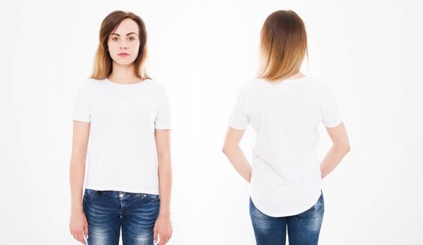 白い背景にスタイリッシュなTシャツの若いセクシーな女性のフロントとバックビュー。デザインのためにモックアップ。コピースペース。テンプレート。ブランク - 写真・画像