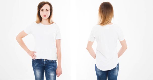 Вид спереди и сзади молодой сексуальной женщины в стильной футболке на белом фоне. Макет для дизайна. Принято. Шаблон. Бланк - Фото, изображение