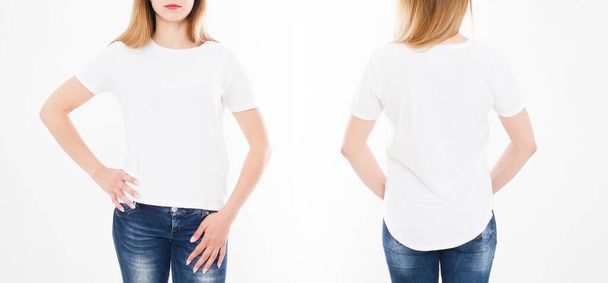 Pohled zepředu a zezadu na hezkou ženu, dívku v tričku na bílém pozadí. Koláž nebo sada. Vysmívej se designu. Rozumím. Šablona. Prázdné - Fotografie, Obrázek