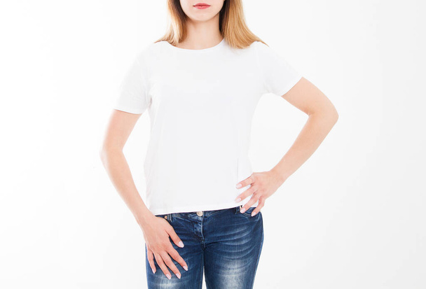 cropped portrait of young girl in tshirt. T-shirt design, people concept - closeup of woman in white shirt, front isolated. Mock up template for design print. Copy space - Photo, Image