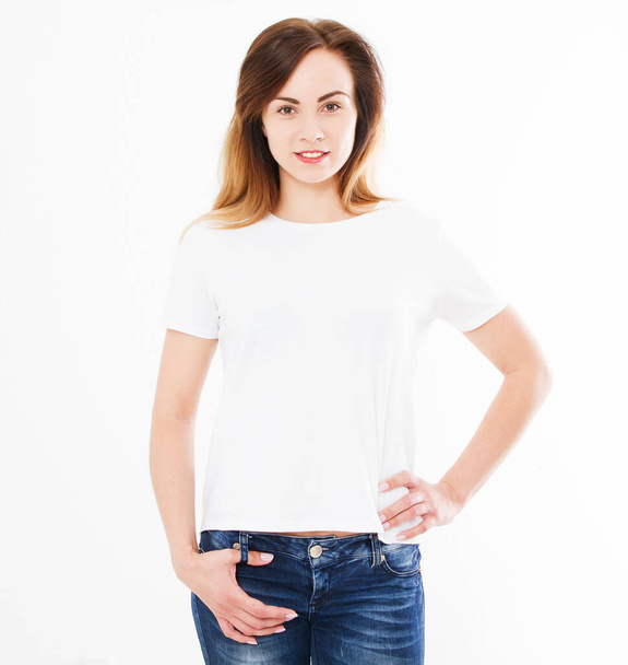 pretty sexy woman in white t shirt,shirt design and people concept. Shirts front view isolated on white background. Mock up, copy space - Photo, Image