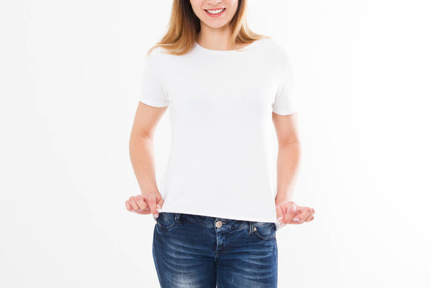 Woman body in empty white t-shirt mockup closeup isolation - Fotó, kép