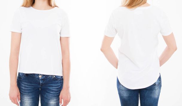 白い背景に美しい女性、 Tシャツの少女のフロントとバックビュー。コラージュやセット。デザインのためにモックアップ。コピースペース。テンプレート。ブランク - 写真・画像