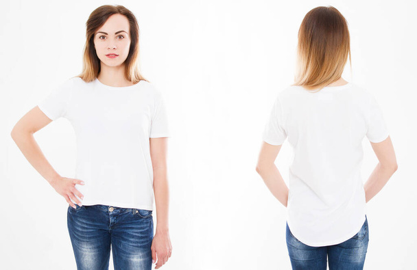 Első és hátsó kilátás fiatal szexi nő elegáns pólóban fehér háttér. Gúnyolódj a tervezésen. Másold a helyet. Sablon. Üres - Fotó, kép