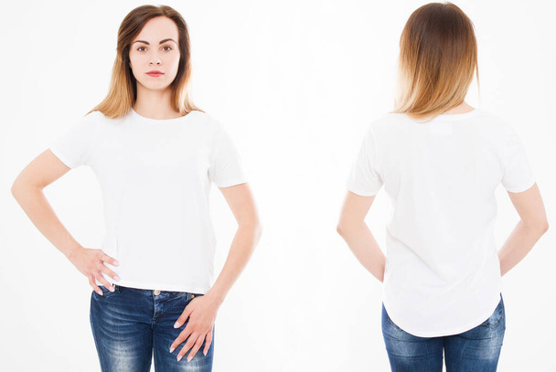Front and back views of young sexy woman in stylish tshirt on white background. Mock up for design. Copy space. Template. Blank - Fotó, kép