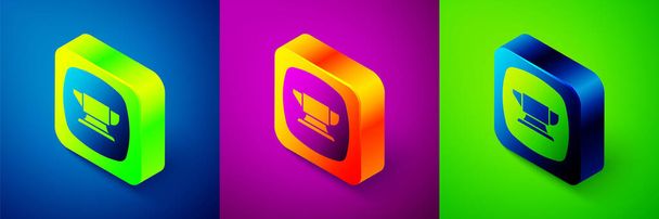 Isometric Blacksmith anvil tool icon isolated on blue, purple and green background. Metal forging. Forge tool. Square button. Vector. - Vector, Image