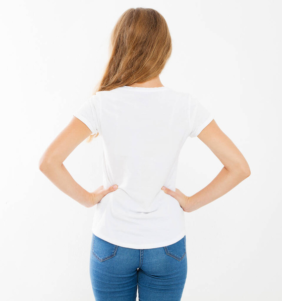 back view woman, girl in blank white t-shirt. t shirt design and people concept. Shirts front view isolated on white background, mock up, copy space - Photo, Image