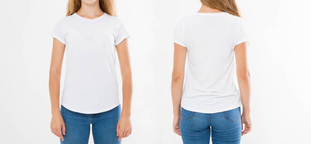 Első és hátsó kilátás fiatal kaukázusi lány nő elegáns pólóban fehér háttér. Gúnyolódj a tervezésen. Másold a helyet. Sablon. Üres - Fotó, kép