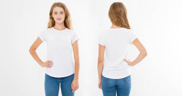 Vista anteriore e posteriore della giovane donna caucasica in elegante t-shirt su sfondo bianco. Scherza per il design. Ricevuto. Modello. Vuoto - Foto, immagini