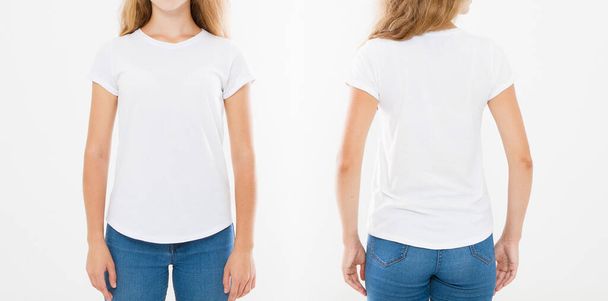 Vista anteriore e posteriore della giovane donna caucasica in elegante t-shirt su sfondo bianco. Scherza per il design. Ricevuto. Modello. Vuoto - Foto, immagini