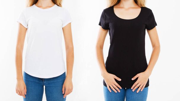 mulheres colagem retrato recortado em tshirt branca e preta isolado no fundo branco, modelo, simular, back views - Foto, Imagem
