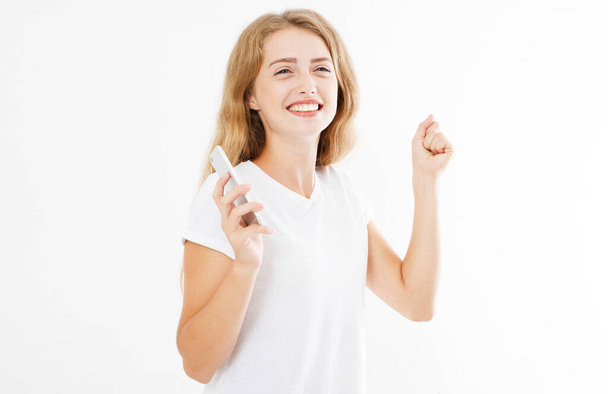 Ευτυχισμένη γυναίκα σε λευκό φόντο, τεράστια ανθρώπινη ευτυχία - Φωτογραφία, εικόνα
