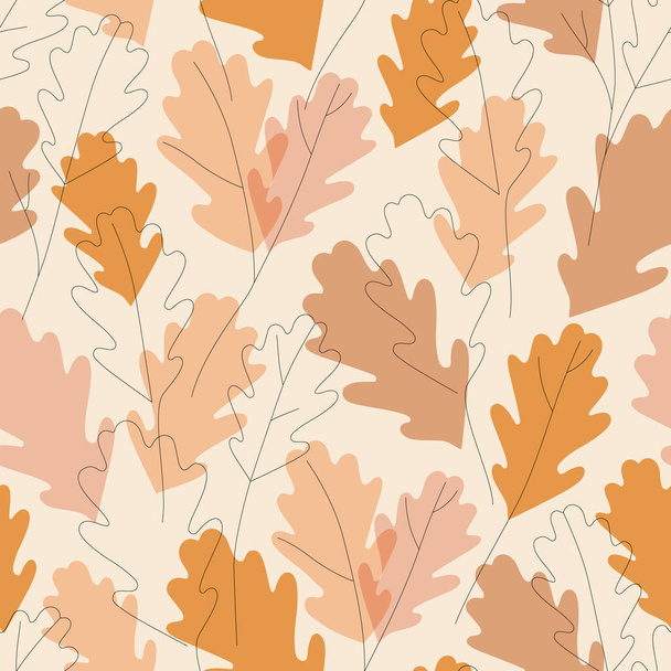 Autumn oak leaves silhouettes and continuous line art wallpaper. Botanical background design with elegant leaves, floral outline. Vector seamless pattern for wall decoration, print, fall wallpaper - Vektori, kuva