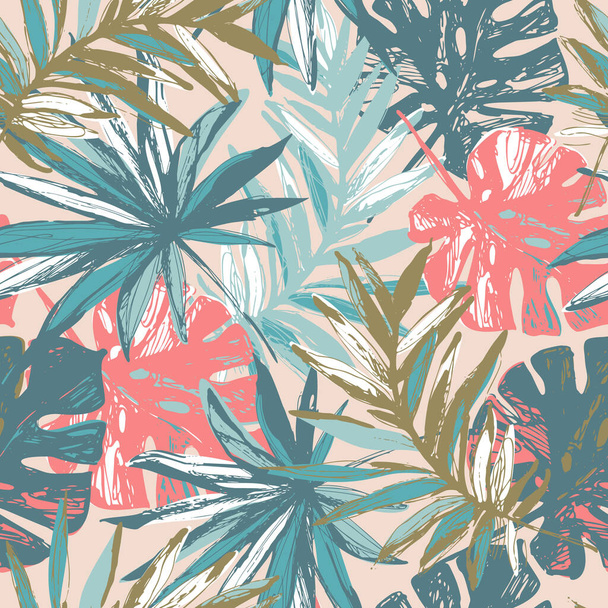Hand drawn tropical leaves background. Colorful tropics jungle leaves seamless pattern. Summer vibe illustration. Botanical leaves for fabric design, social media post, story background. Vector art - Vecteur, image