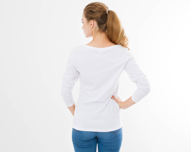 back view: woman in white t-shirt mock up isolated, t shirt female, blank tshirt - Φωτογραφία, εικόνα