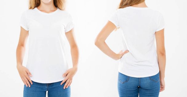 corte retrato definido frente de volta visualizações caucasiano mulher em t-shirt isolado no fundo branco - Foto, Imagem