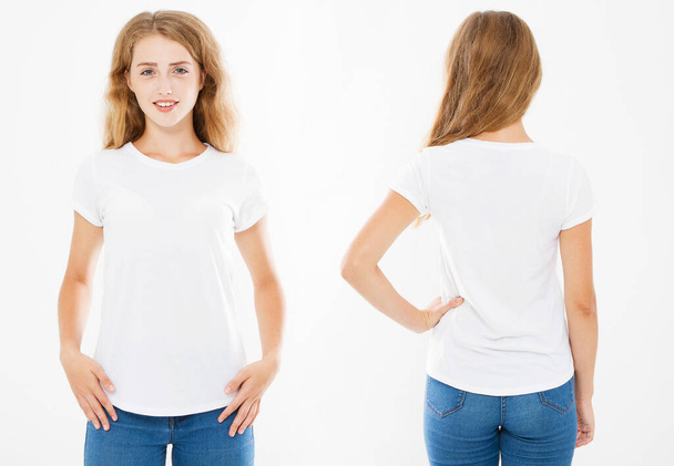 conjunto de camiseta. Collage mujer en camiseta blanca aislada, maqueta, espacio de copia - Foto, imagen