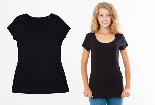Krásná žena v černé košili izolované na bílém, dívka ve stylu černé tričko maketa nahoru, tričko prázdné, kopírovací prostor. - Fotografie, Obrázek
