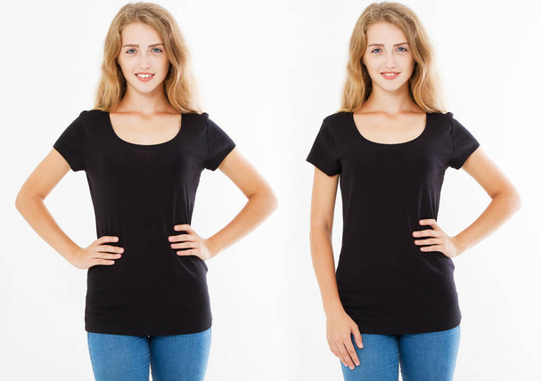 conjunto de tshirt, mulher colagem em t-shirt isolado em branco, camisa preta, espaço de cópia - Foto, Imagem