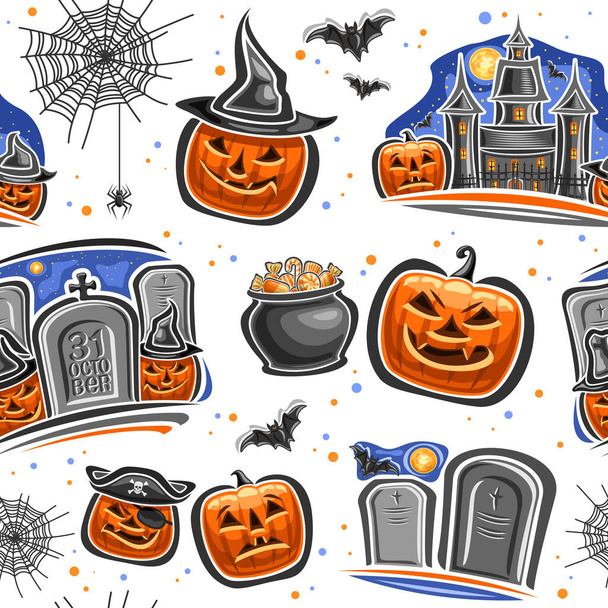 Vector Halloween seamless pattern, repeating background with cut out illustrations of various orange halloween jack-o-lanterns in hat, flying bats and sweet halloween treats in pot on white background - Vektor, Bild