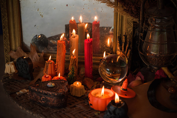 Halloween composition pumpkin orange candles, mystical design for home, interesting ideas for party, details of dcor - Photo, Image