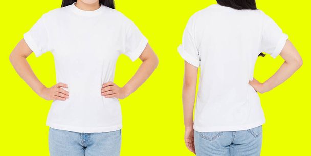 front and back views woman in white t shirt isolated on yellow background, Mock up for design - Photo, Image