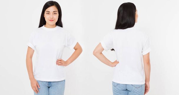Vistas frontales y traseras de la joven chica japonesa asiática con elegante camiseta sobre fondo blanco. Prepárate para el diseño. Copiar espacio. Plantilla. En blanco - Foto, imagen