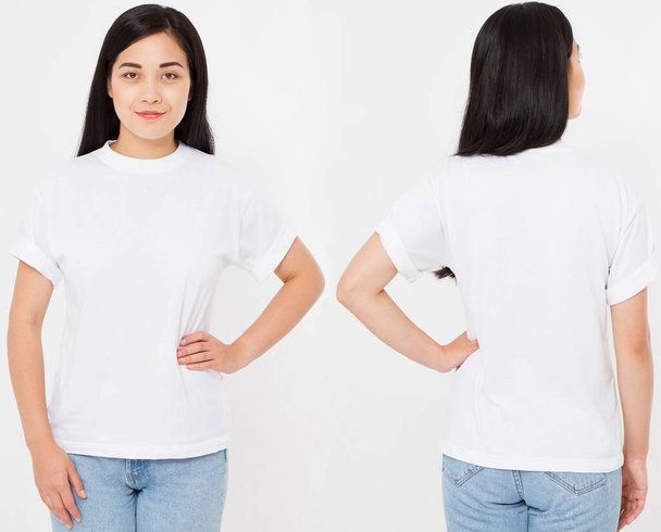 Front and back views of young asian, korean sexy woman in stylish t-shirt on white background. Mock up for design. Copy space. Template. Blank - Photo, image