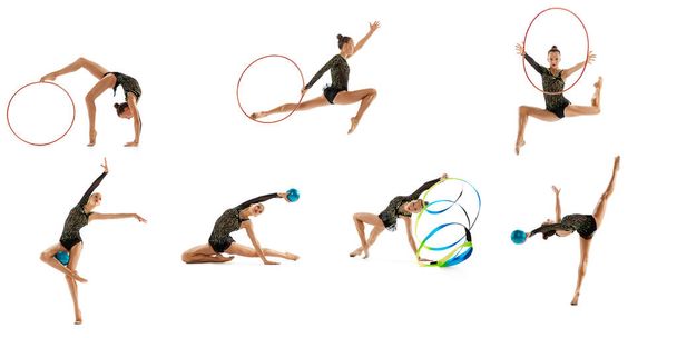 Collage. Portrait of young, professional female rhythmic gymnast training, performing isolated over white studio background.. Concept of action, motion, sport life, competition. Copyspace for ad - Foto, Bild