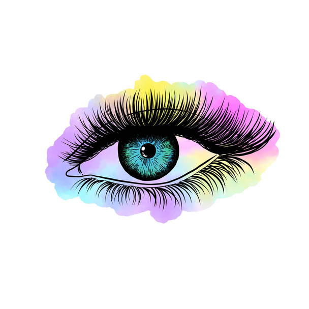 Hand drawn female eye with colorful splash isolated on white background. - Vektor, kép
