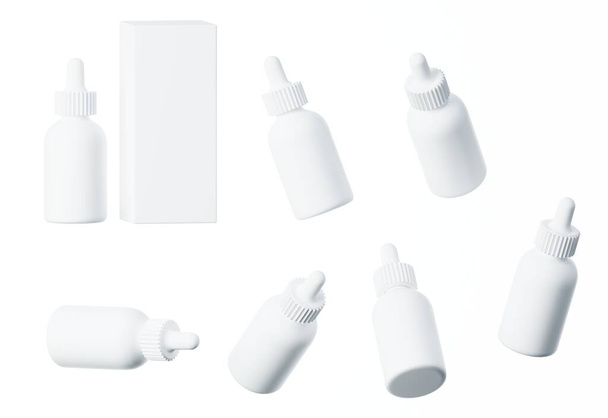 Sieben verschiedene Ansichten der glänzend weißen Plastikserumflasche mit Verschluss 3D-Render, Kosmetikverpackung isoliert auf weißem Hintergrund, Design und Branding ready Mock-up - Foto, Bild