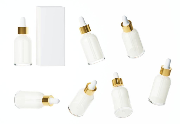 Sedm různých pohledů na lesklý bílý plast sérum láhev s uzávěrem 3D vykreslení, kosmetický přípravek balení izolované na bílém pozadí, design a značkování ready mock-up - Fotografie, Obrázek