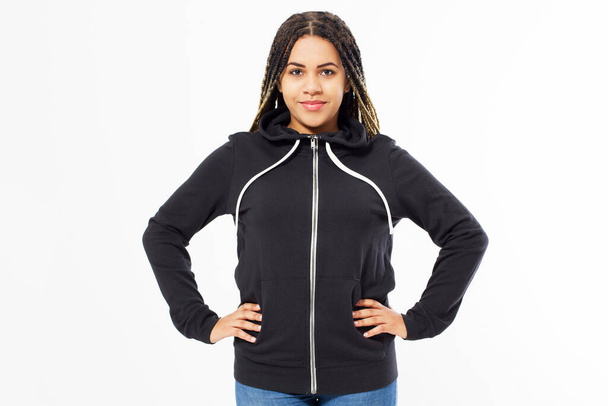 Afro american sweatshirt mock up isolated. Female wear dark hoodie mockup. Plain hoody design presentation. Pullover for print. Woman clothes grey sweat shirt template. - Valokuva, kuva