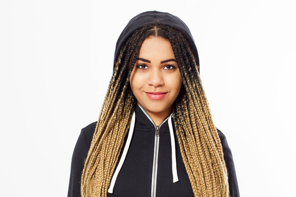 Portrait young afro american woman with dreadlocks hair in hoodie - Photo, Image