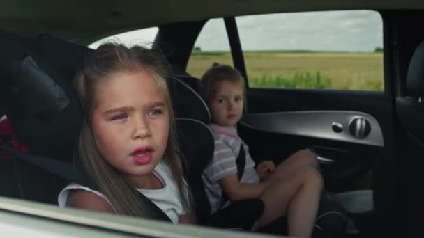 Cheerful caucasian girl of 8 years looking out of the car window while car trip and her sister in the background.  Shot with RED helium camera in 8K. - Video