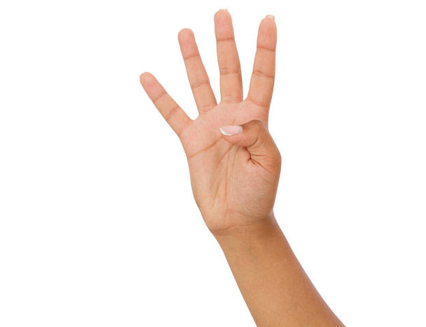 афро-американська рука жінки показує чотири пальці, чорний жест руки ізольований на білому тлі
 - Фото, зображення