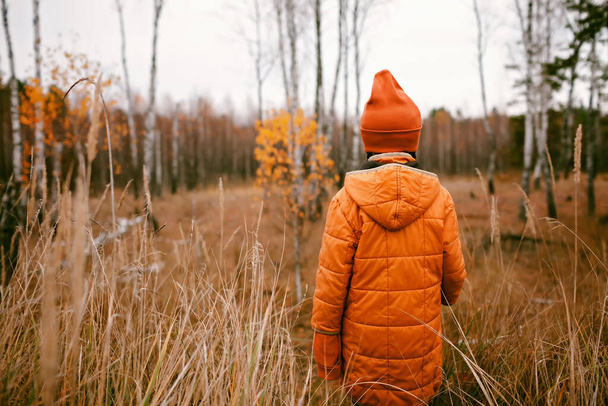 Thoughtful ten years girl in orange coat stands in fall forest among high dry grass and golden trees. Autumn vibes, outdoor lifestyle. Hello autumn, thinking and mental health. View from back - Fotoğraf, Görsel