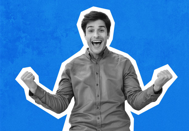 Emotional young guy in casual raising fists up and smiling on blue studio background, celebrating success, happy handsome millennial black and white man sharing good emotions, collage - Foto, afbeelding