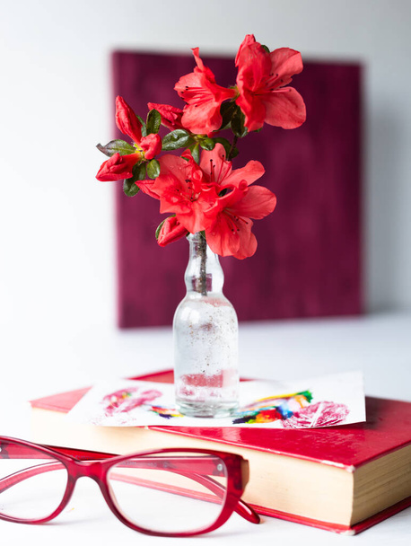 Ein Zweig einer blühenden Azalee in einer Glasvase vor dem Hintergrund eines botanischen Bildes, eines Herbariums getrockneter Azaleen-Blüten. Rote Blüten monochrome Komposition. Kreative Innenarchitektur. - Foto, Bild