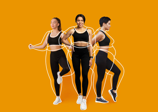 Cheerful calm slim different young female athletes in black sportswear, overweight ladies drawn around, enjoy exercises, isolated on orange background, collage, studio. Slimming, body care and workout - Foto, Imagen