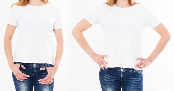 γυναίκα λευκό t-shirt, σετ δύο κορίτσι, mock up, αντίγραφο χώρου - Φωτογραφία, εικόνα