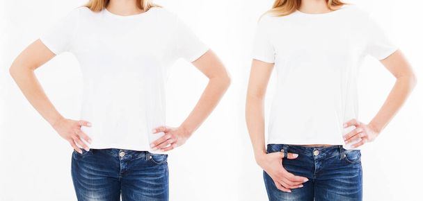 set front views woman in tshirt isolated on white background - Photo, Image