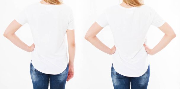 Camiseta collage, set. Chica en camiseta blanca, dos mujeres camiseta vista trasera, en blanco - Foto, Imagen